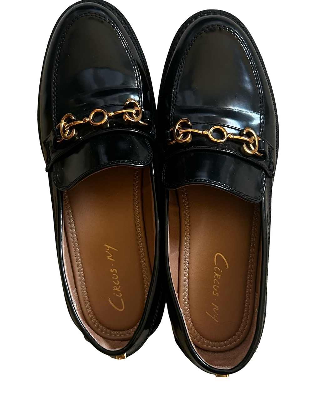 Circus by Sam Edelman Black Patent Leather Loafers with Gold Chain Detail
